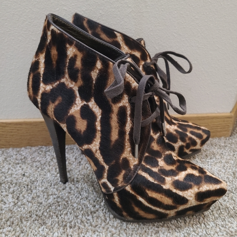 Lanvin Platform Stiletto Leopard Print Leather Calf Hair Ankle Boots Booties